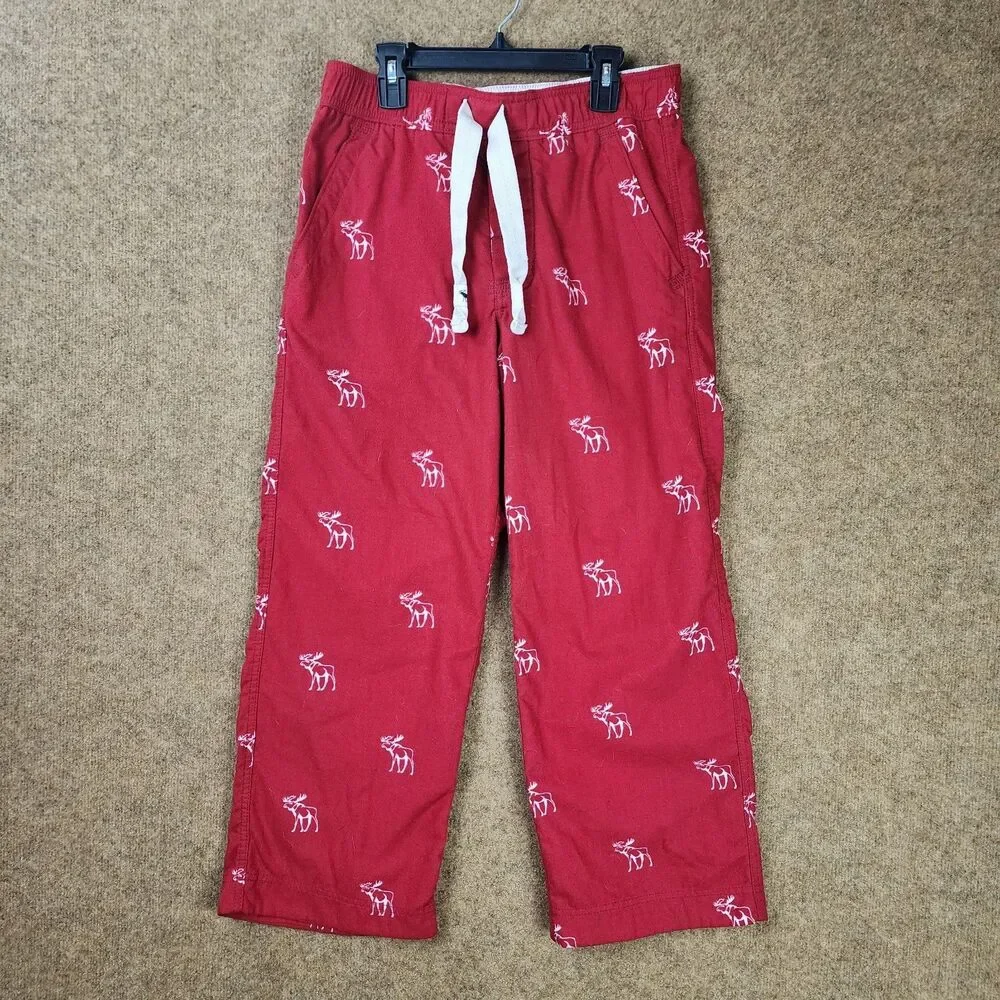 Abercrombie Kids Unisex Fleece Pajama Pants Red Deer Large Pockets Elastic Waist
